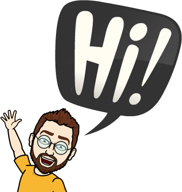 Illustrated portrait of Aaron Benjamin waving, with a speech bubble that says hi