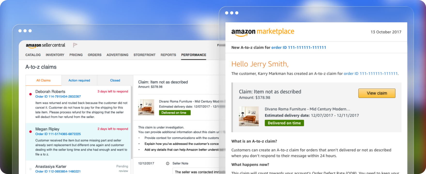 Seller Central A-to-z claims list beside the redesigned first-claim email
