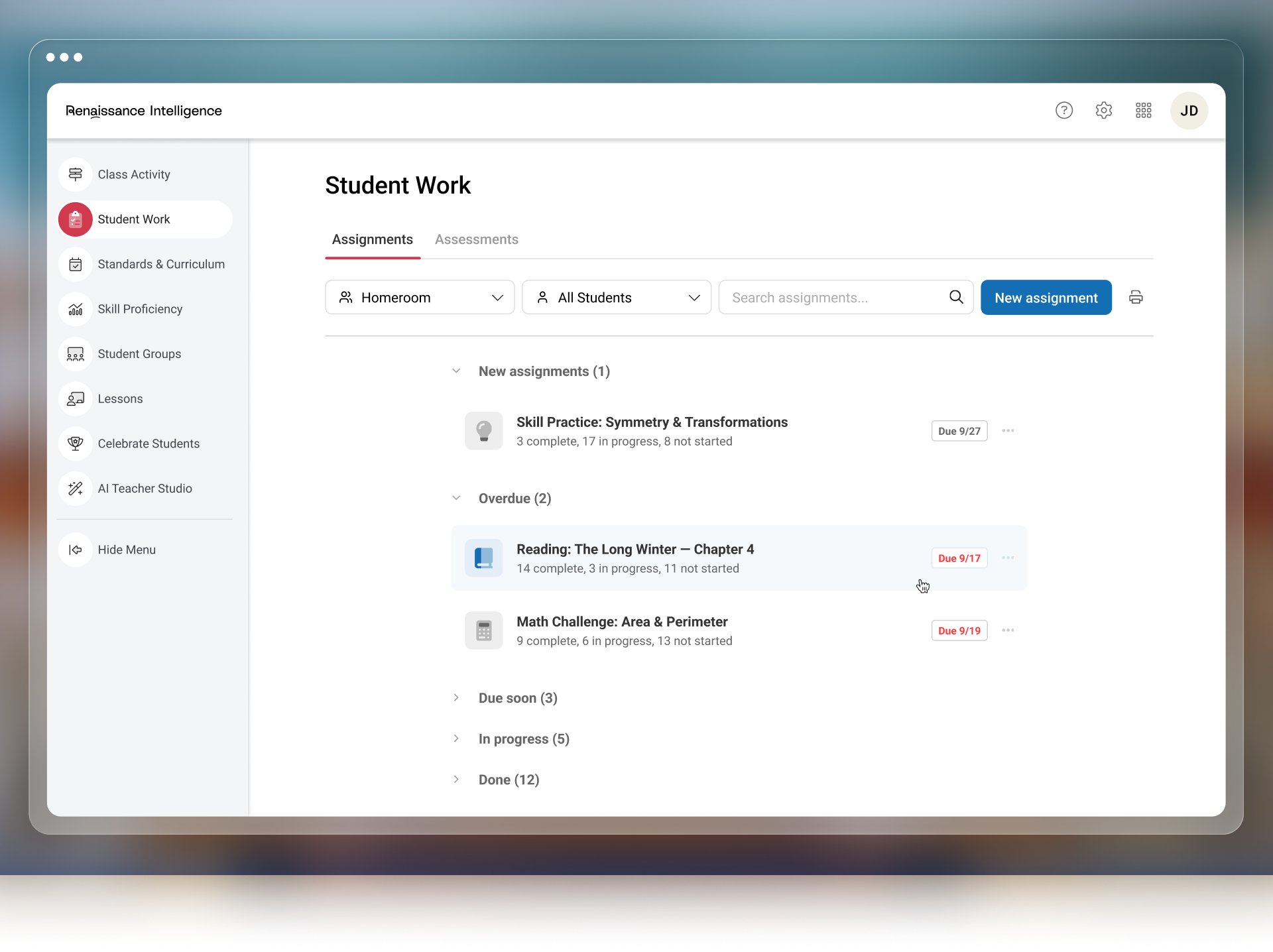 Renaissance Intelligence assignment view showing new, overdue, due soon, in-progress, and completed assignments grouped by priority
