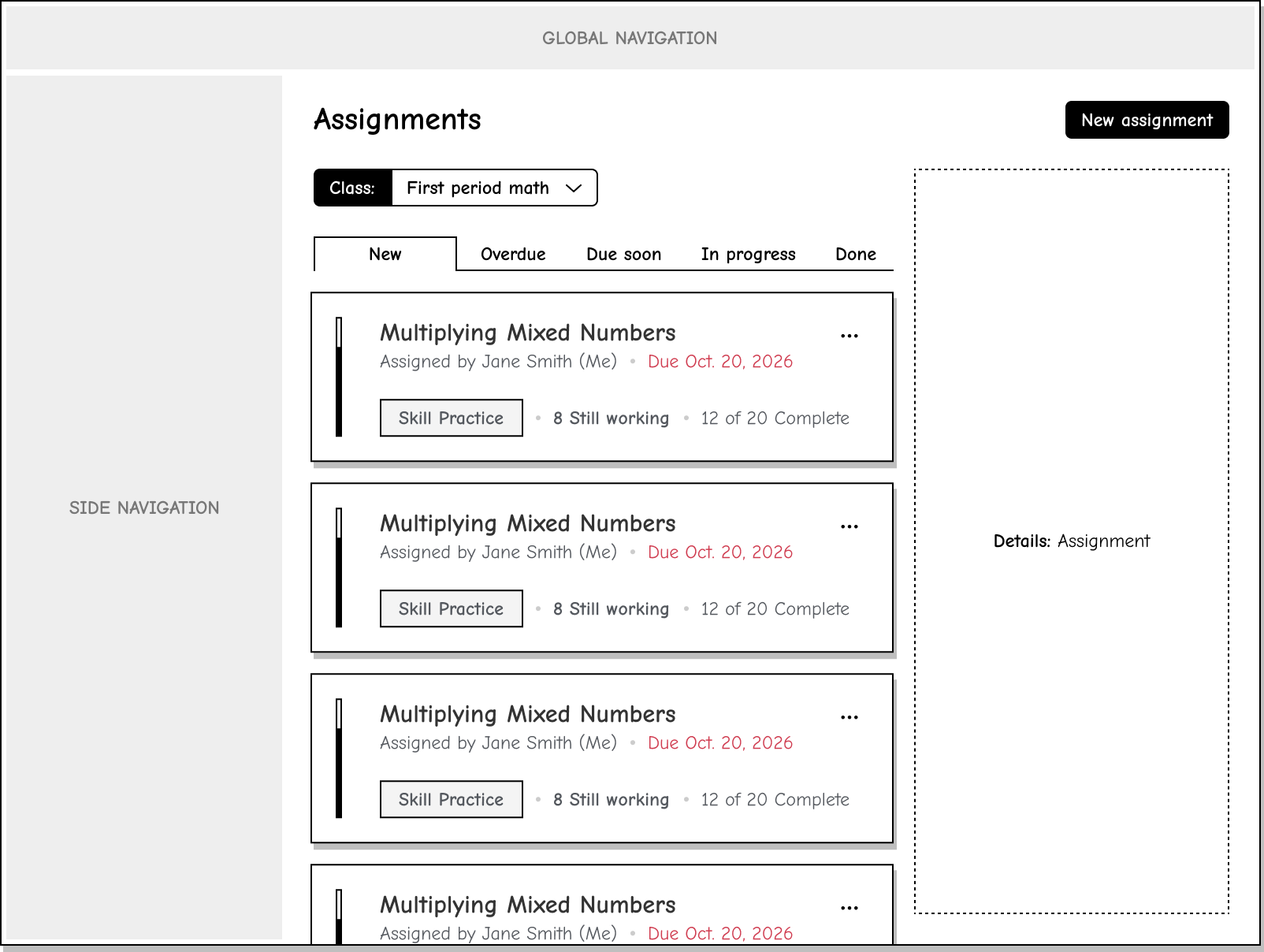 Early wireframe of grouped assignment cards organized by new, overdue, due soon, in progress, and done