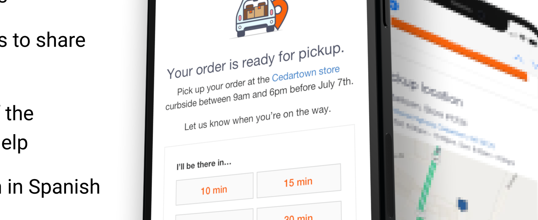 Curbside ready-for-pickup mobile messages with ETA choices