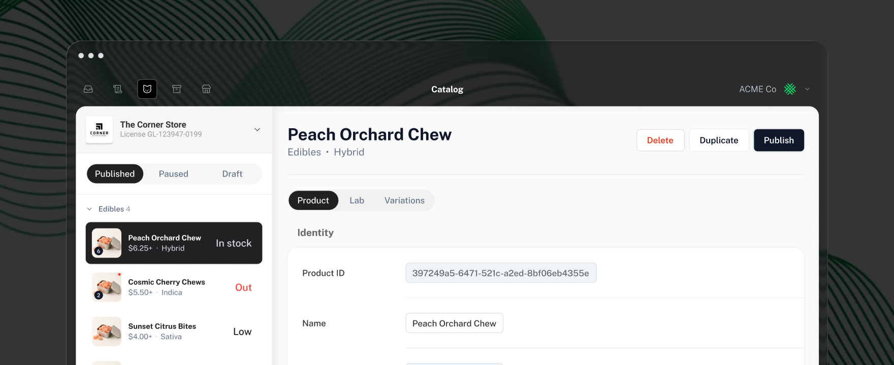 Green Loom catalog with Peach Orchard Chew and stock states