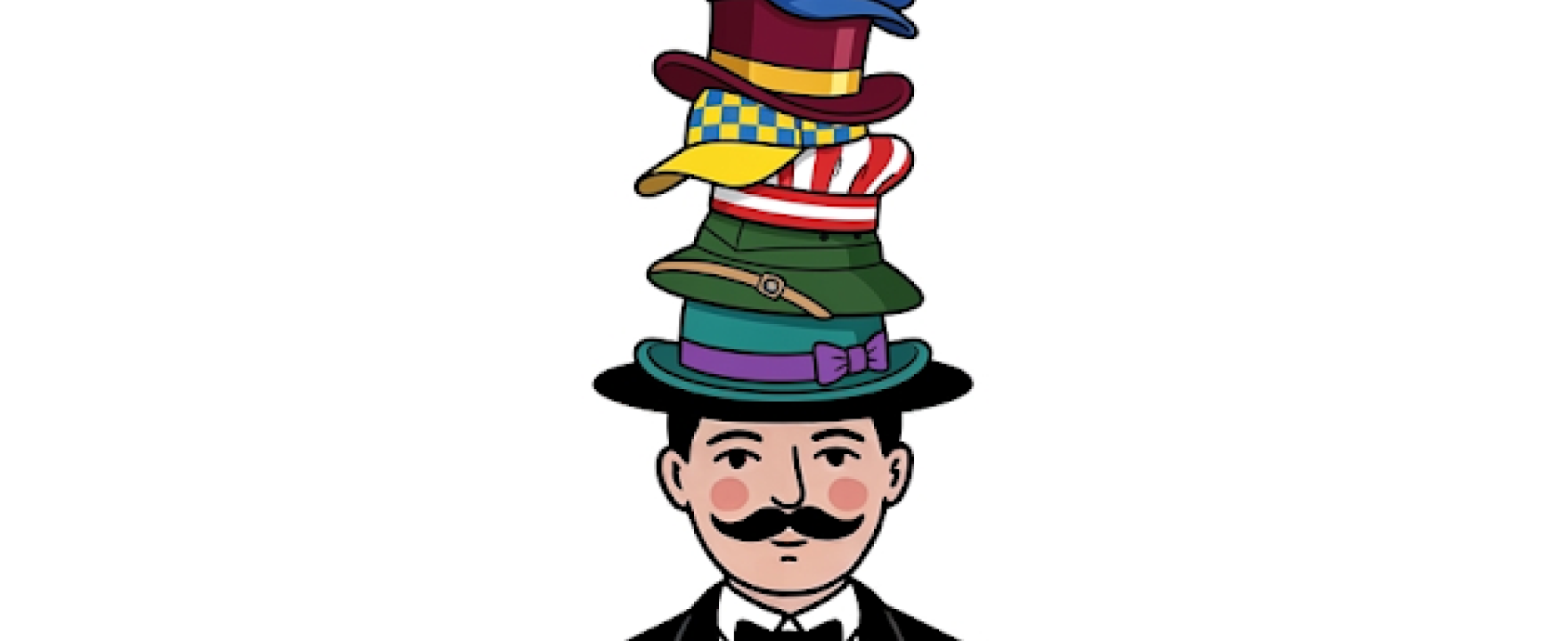 Illustration of a mustached man wearing a tall stack of hats