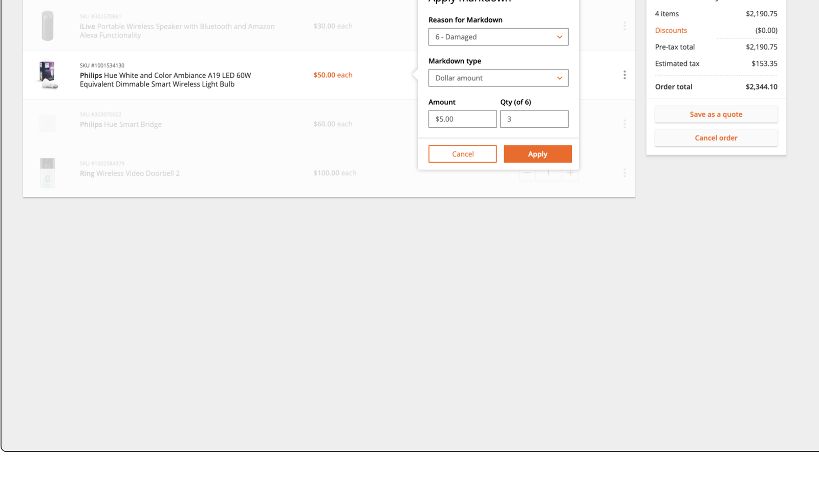 Apply markdown fly-out with reason Damaged, dollar amount, and quantity, beside the order summary