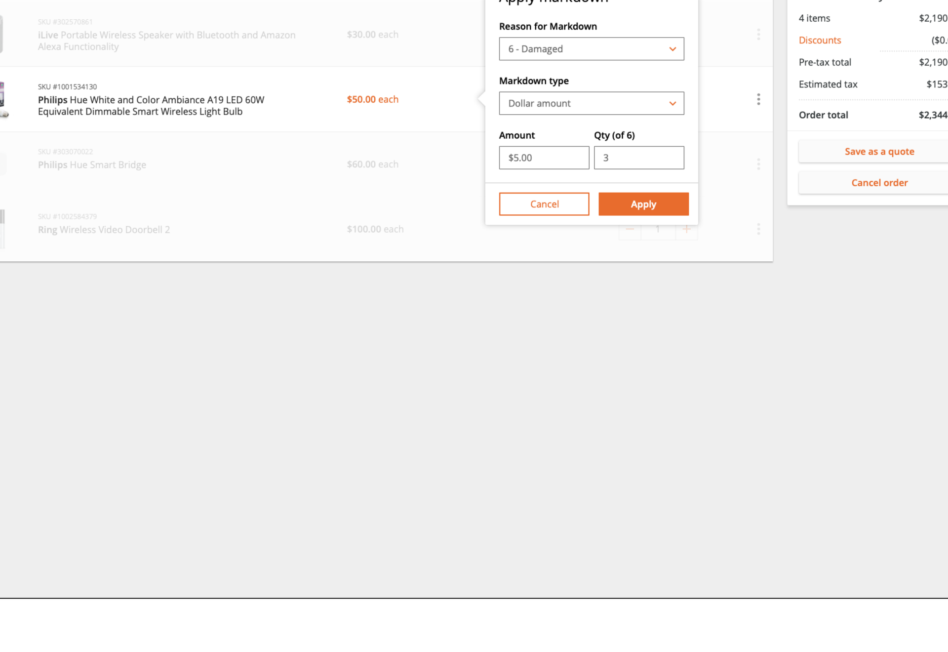 Order Up shopping cart with an Apply markdown fly-out for a damaged-item discount