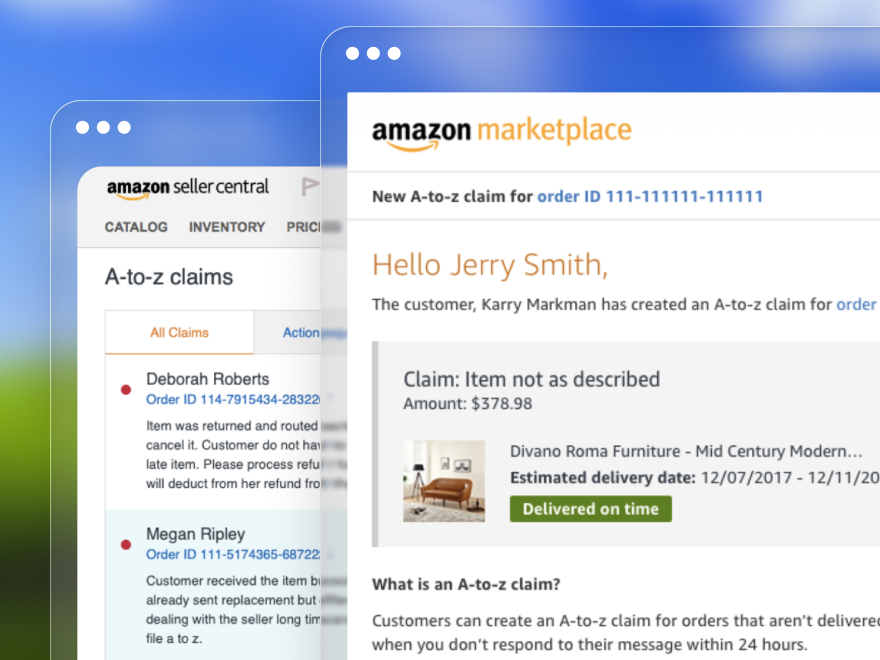 Amazon A-to-z claims dashboard beside the first-claim email