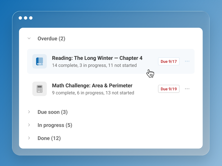 Classroom assignments grouped by urgency, with overdue reading and math activities