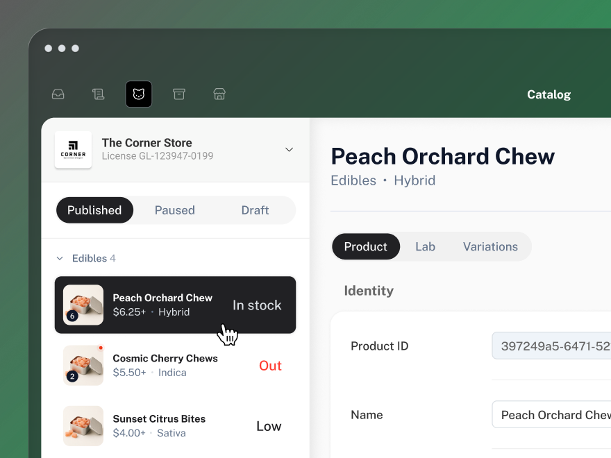 Green Loom catalog concept showing product details beside stock status