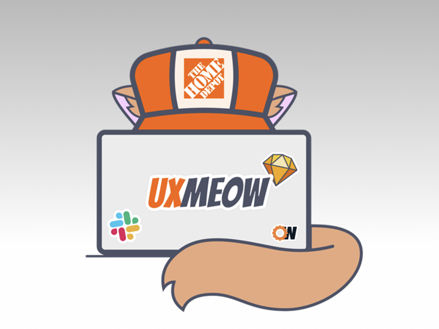 UX MEOW illustration with a Home Depot cap and laptop
