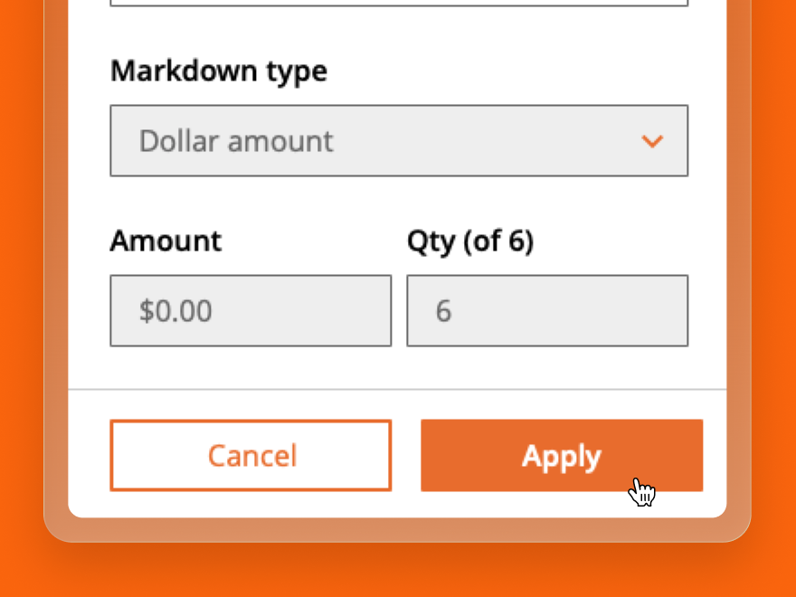 Home Depot markdown form showing amount, quantity, and Apply controls