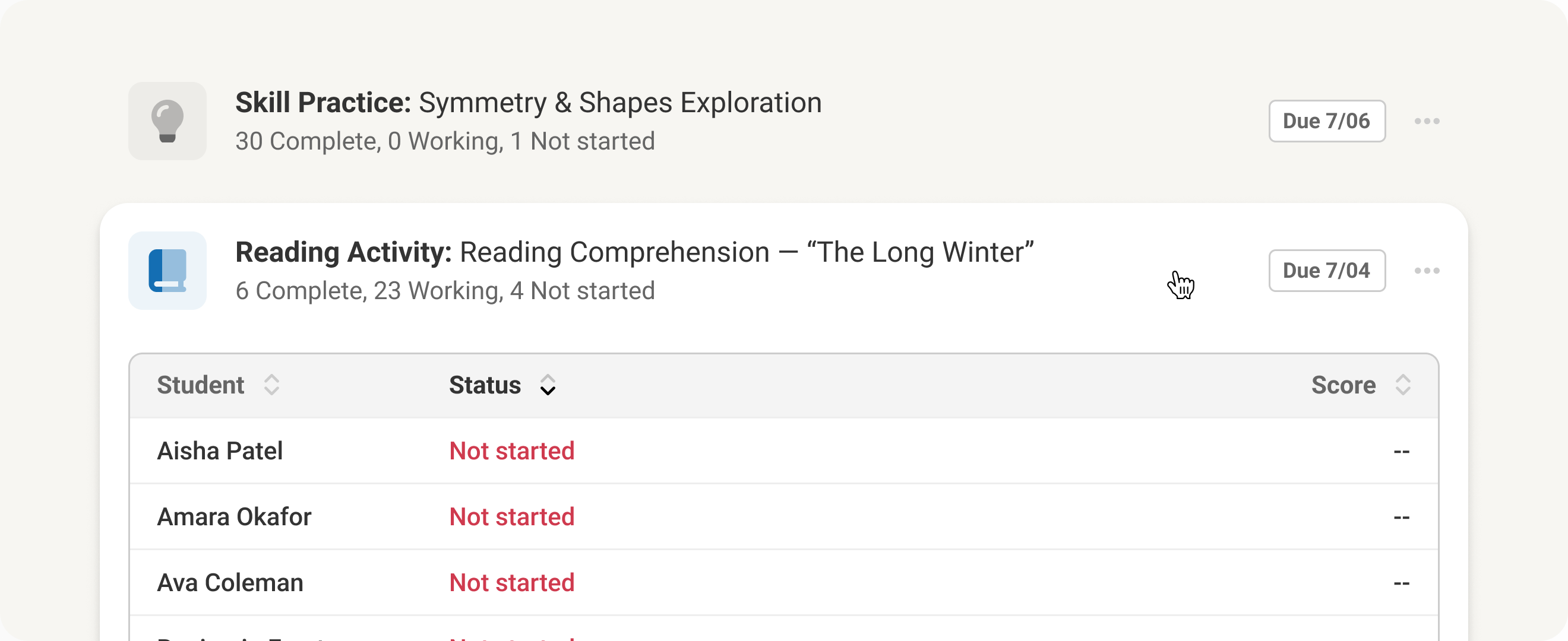 Classroom assignment management interface showing student status and scores