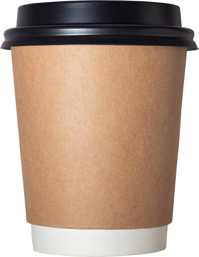 Takeaway coffee in a paper cup with a black lid.