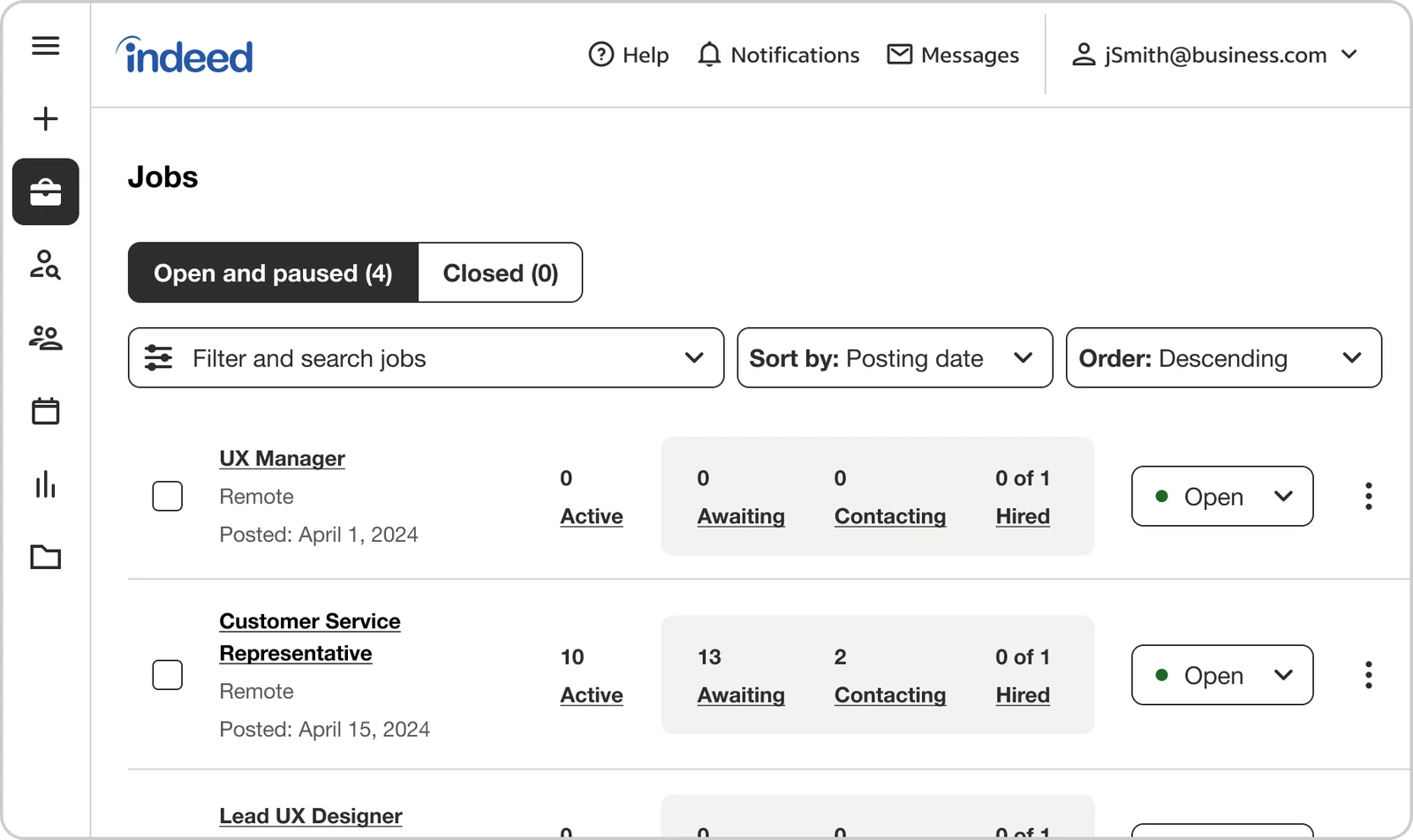 Indeed employer dashboard showing job posts, posting dates, and candidate activity.