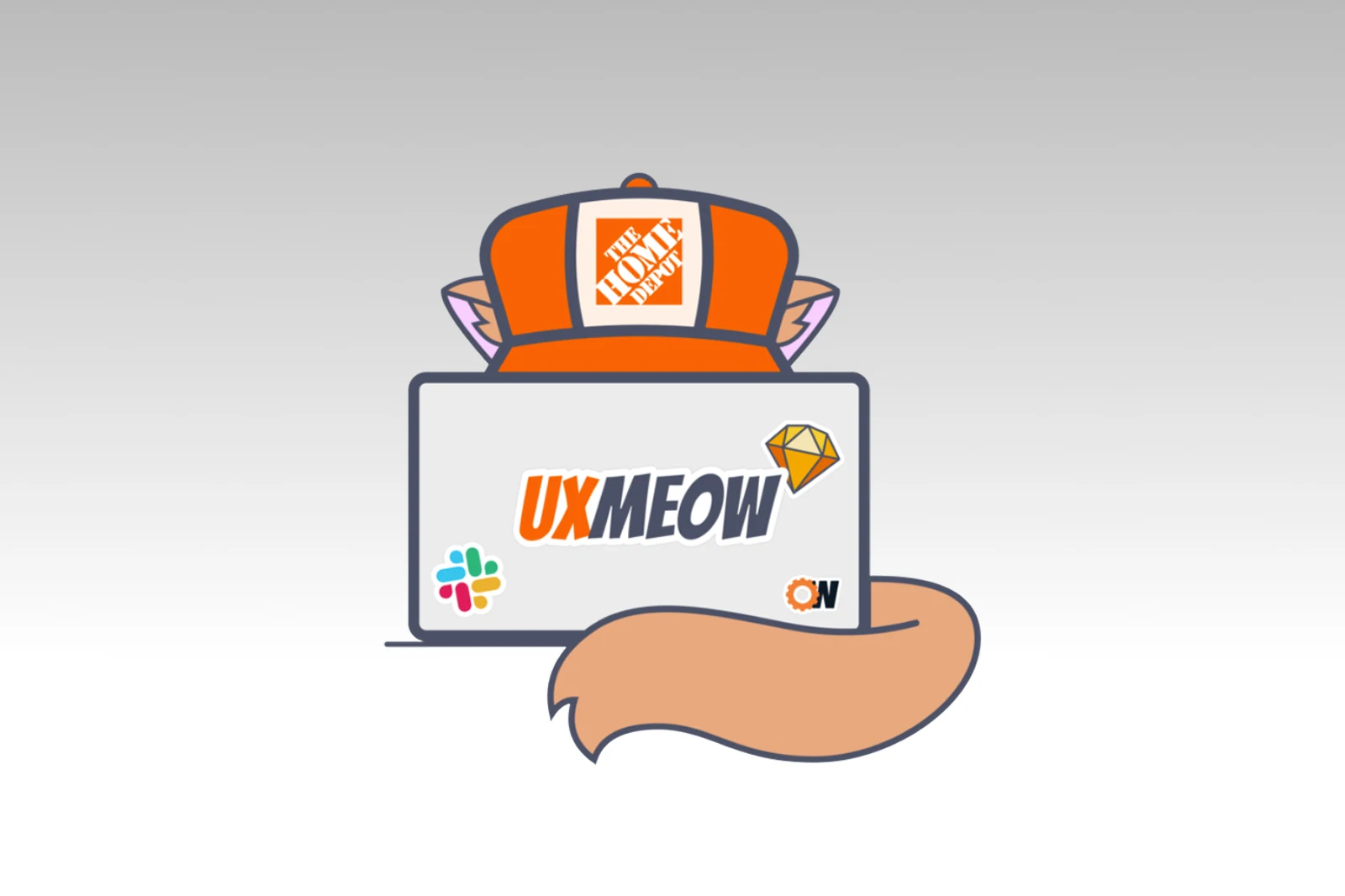 UX MEOW cat mascot wearing a Home Depot cap behind a laptop with program stickers.